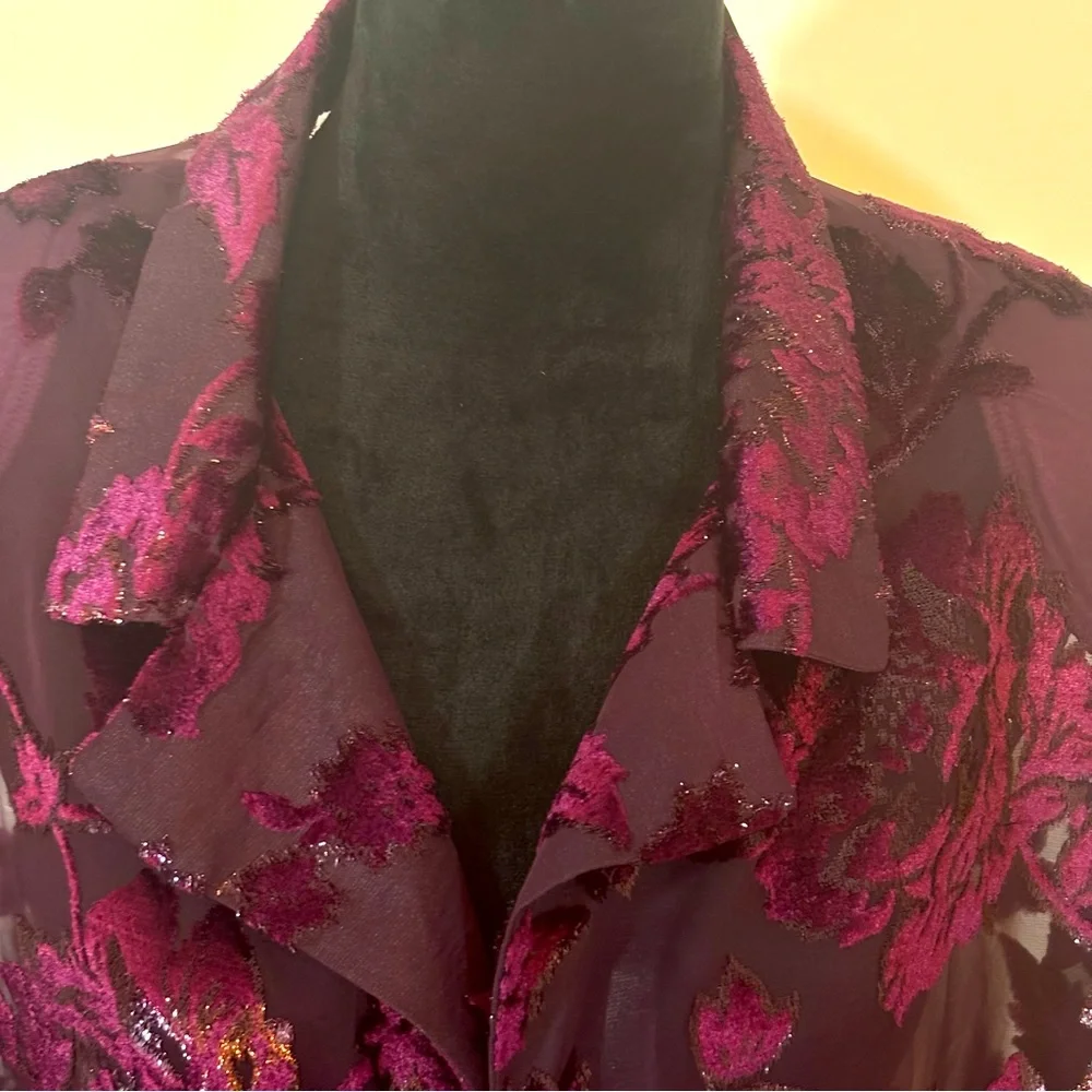 Burgundy Purple Burnout Velvet Floral Button Up Sheer Shirt Top 2X Whimsigoth - Picture 7 of 13
